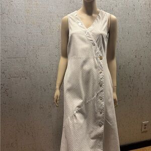 Soft Surroundings Asymmetrical Chasia Tan & White Strip Dress Linen Natural